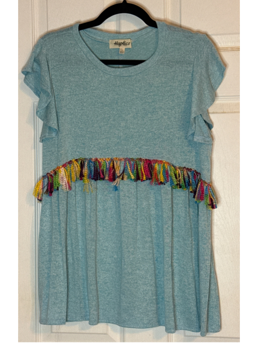 Haptics Short Sleeve Tee, Size L, Blue with Multicolor Tassel Detail